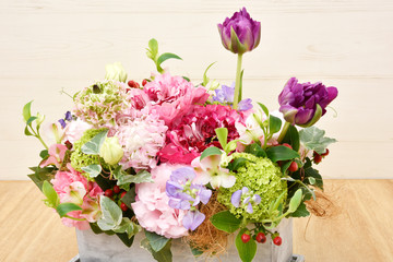 Flower arrangement : charlotte japanese ranunculus, tulip, eustoma, carnation, bibanamu, hypericum,...