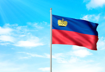 Liechtenstein flag waving sky background 3D illustration