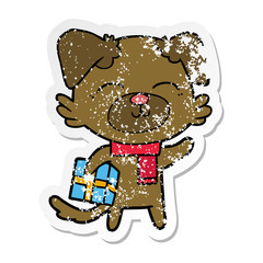 distressed sticker of a cartoon dog ready for xmas