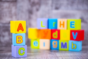 Colorful wooden alphabet; a, b, c write. Education concept photo.