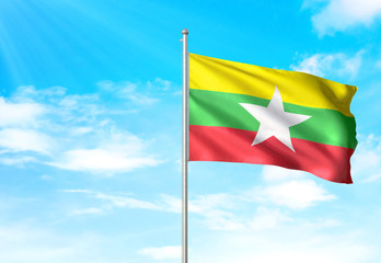 Myanmar flag waving sky background 3D illustration