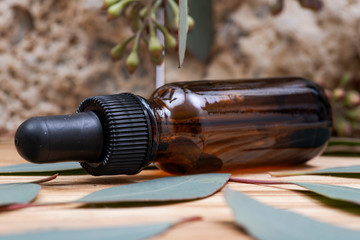 Eucalyptus Essential oil in Amber Round Glass Bottle with Glass Dropper and Fresh Eucalyptus leaves...