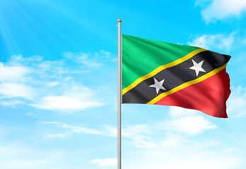 Saint Kitts and Nevis flag waving sky background 3D illustration