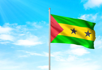 Sao Tome and Principe flag waving sky background 3D illustration