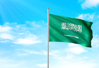 Saudi Arabia flag waving sky background 3D illustration