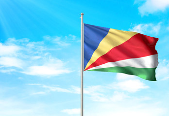Seychelles flag waving sky background 3D illustration