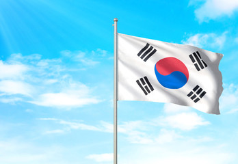 South Korea flag waving sky background 3D illustration