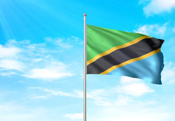 Tanzania flag waving sky background 3D illustration