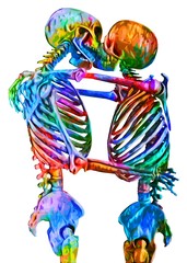 Skeletons of man and woman in the pose of lovers in multicolored abstract style illustration Isolated on white background
