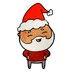 textured cartoon of a happy bearded man wearing santa hat