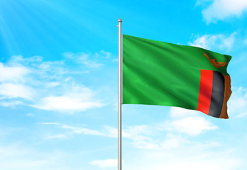 Zambia flag waving sky background 3D illustration