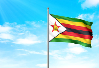 Zimbabwe flag waving sky background 3D illustration