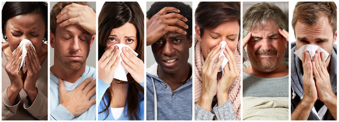 sick people having flu, cold and sneeze - 253676628