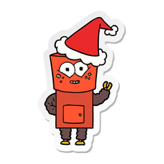 happy sticker cartoon of a robot waving hello wearing santa hat