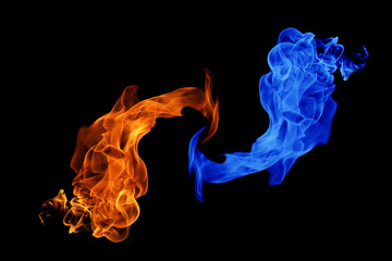 Yin-yang symbol, fire and ice background