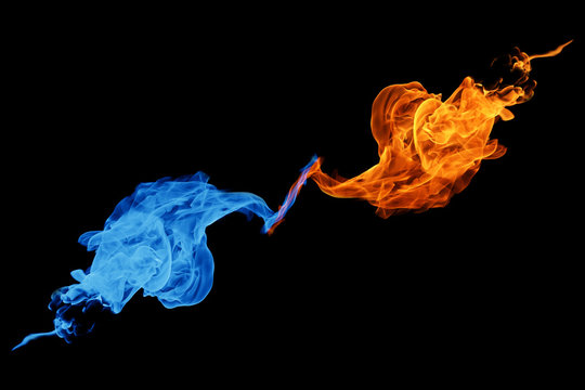 Yin-yang symbol, fire and ice background