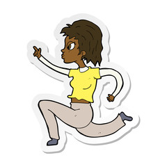 sticker of a cartoon woman running and pointing