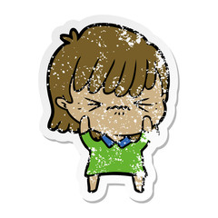 distressed sticker of a annoyed cartoon girl