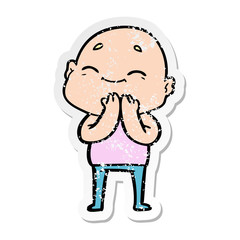distressed sticker of a happy cartoon bald man
