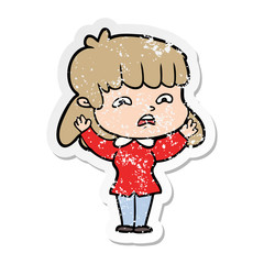 distressed sticker of a cartoon worried woman