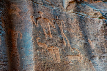 Ancient inscriptions at Khazali siq at Wadi Rum desert in jordan
