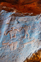 Ancient inscriptions at Khazali siq at Wadi Rum desert in jordan