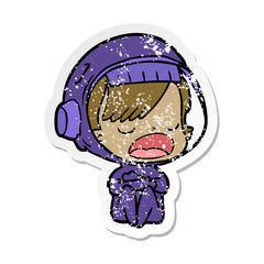 distressed sticker of a cartoon talking astronaut