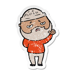 distressed sticker of a cartoon worried man with beard