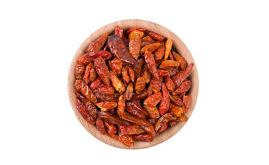 chili peperoncini paprika pepper in wooden bowl isolated on white background. Spices and food ingredients.