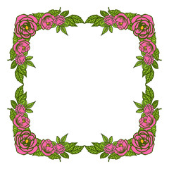 Vector illustration beautiful rose pink wreath frame with ornate green leaves