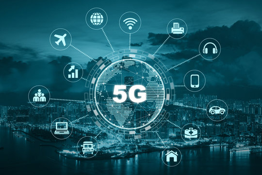 5G technology with earth dot in center of various icon internet of thing over the Aerial View of Hong Kong Cityscape, Wireless communication connection network concept.