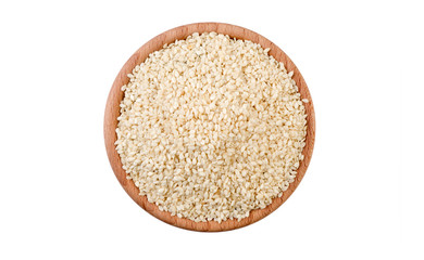 sesame seeds in wooden bowl isolated on white background. Spices and food ingredients.