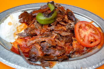 Traditional delicious Turkish foods; doner kebab (Iskender kebab)