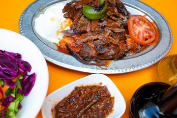 Traditional delicious Turkish foods; doner kebab (Iskender kebab)