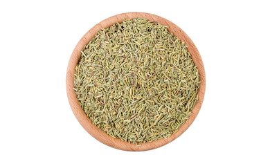 rosemary leaves in wooden bowl isolated on white background. Spices and food ingredients.