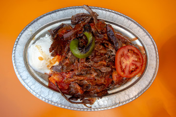 Traditional delicious Turkish foods; doner kebab (Iskender kebab)