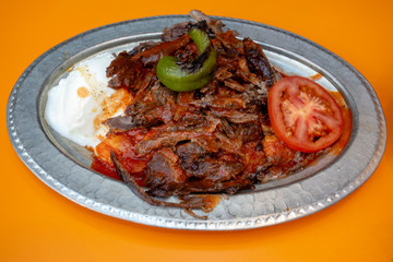 Traditional delicious Turkish foods; doner kebab (Iskender kebab)