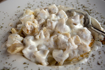 Traditional delicious Turkish foods; Manti . Food concept photo.