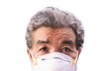 Old woman wearing a mask fear problem air pollution on a white background, healthcare concept.