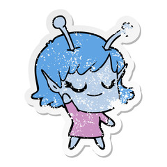 distressed sticker of a smiling alien girl cartoon