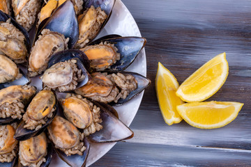 Turkish style stuffed Mussels, Midye Dolma mediterranean cuisine