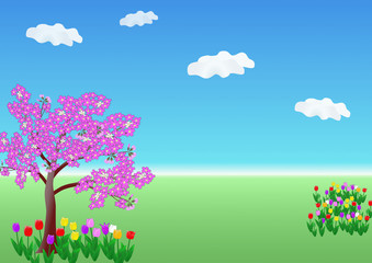 Fototapeta na wymiar 花のある風景・春・チューリップと桜