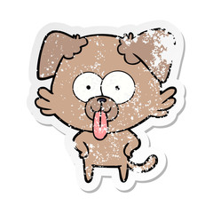 distressed sticker of a cartoon dog with tongue sticking out