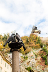 Four dove fountain closeup on Schlossbergplatz in Graz, Austria
