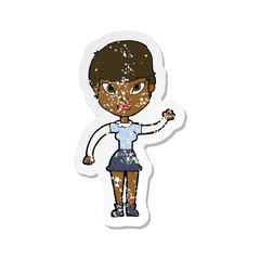 retro distressed sticker of a cartoon woman waving