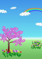 Fototapeta na wymiar 花のある風景・春・チューリップと桜と虹