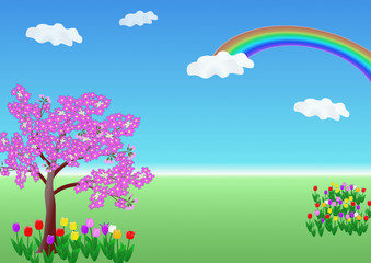 Fototapeta na wymiar 花のある風景・春・チューリップと桜と虹