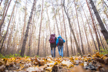 adventure, travel, tourism, hike and people concept - couple walking with backpacks over autumn natural background, back view