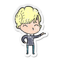 distressed sticker of a cartoon woman thinking