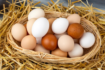 Raw eggs in dry straw. Food concept photo.